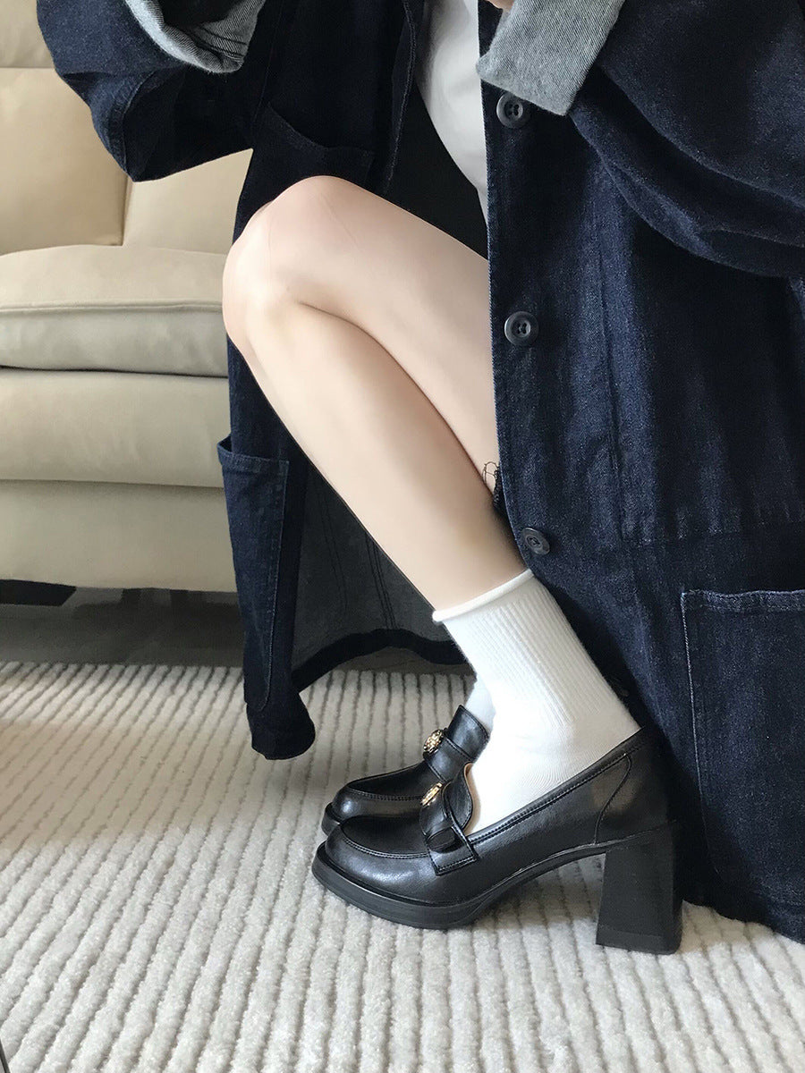 Camellia Loafers for Women2024New French Style Chunky Heel Black High Heel British Style Small Leather Shoes