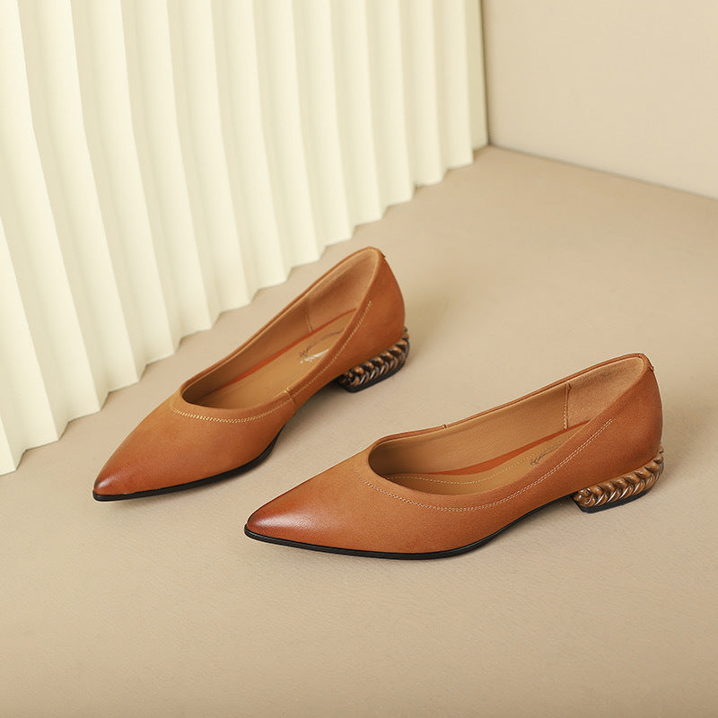 French Retro Color-Washed Pointed Toe Shallow Mouth Women's Shoes2023Spring new style comfortable soft leather thick heel low heel shoes