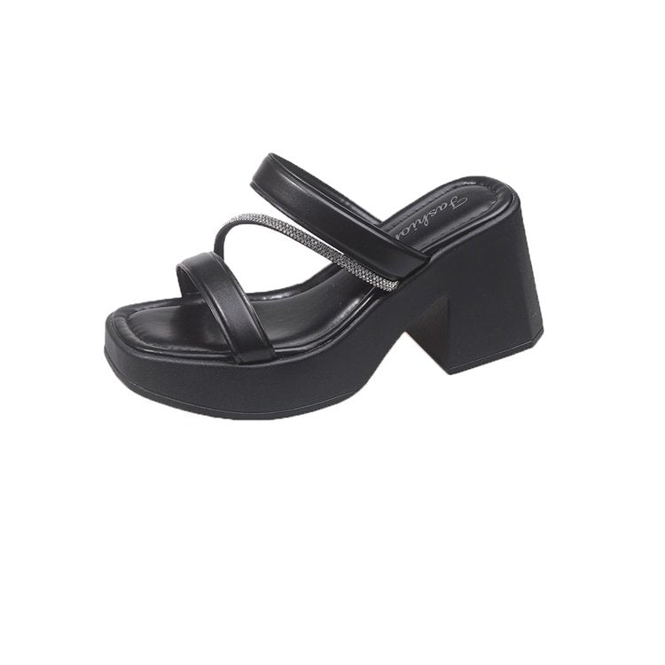 Solid Color Rubber Chunky Heel PU High Heel Slippers