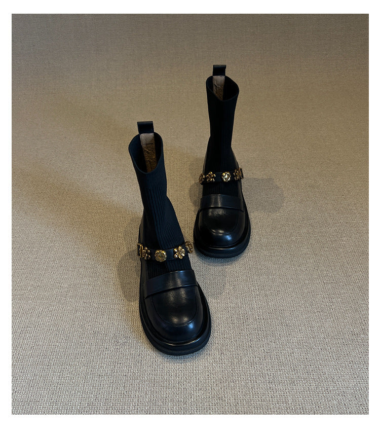 Thick-Soled Metal Buckle Elastic Short Boots Retro College Style Knitted Slim Boots Women Versatile Loafers Sock Boots