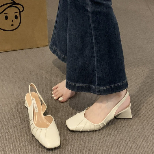 2024Spring Summer New High Heel Closed Toe Backless Sandals Women's Shoes Chunky Heel Shallow Mouth French Gentle Style Single Shoes Women's Shoes