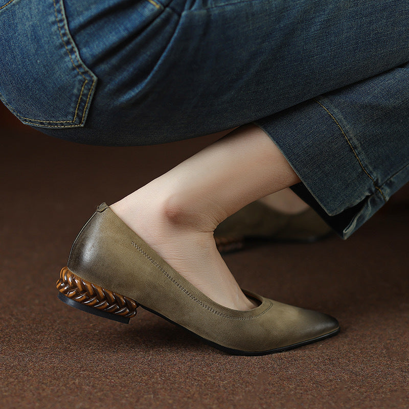 French Retro Color-Washed Pointed Toe Shallow Mouth Women's Shoes2023Spring new style comfortable soft leather thick heel low heel shoes