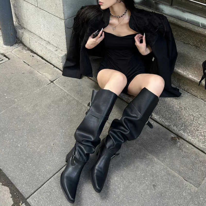 Korean Style Large Tube Pile Boots for Women with Chunky Heels, Over-the-Knee Boots2024Autumn Belt Buckle Western Boots Fashion Long Boots
