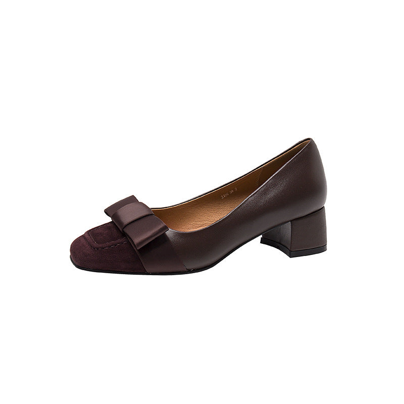 French style color-blocking high heels for women2024Spring and Autumn New Style Chunky Heel Bow Retro Mid-Heel Single Shoes