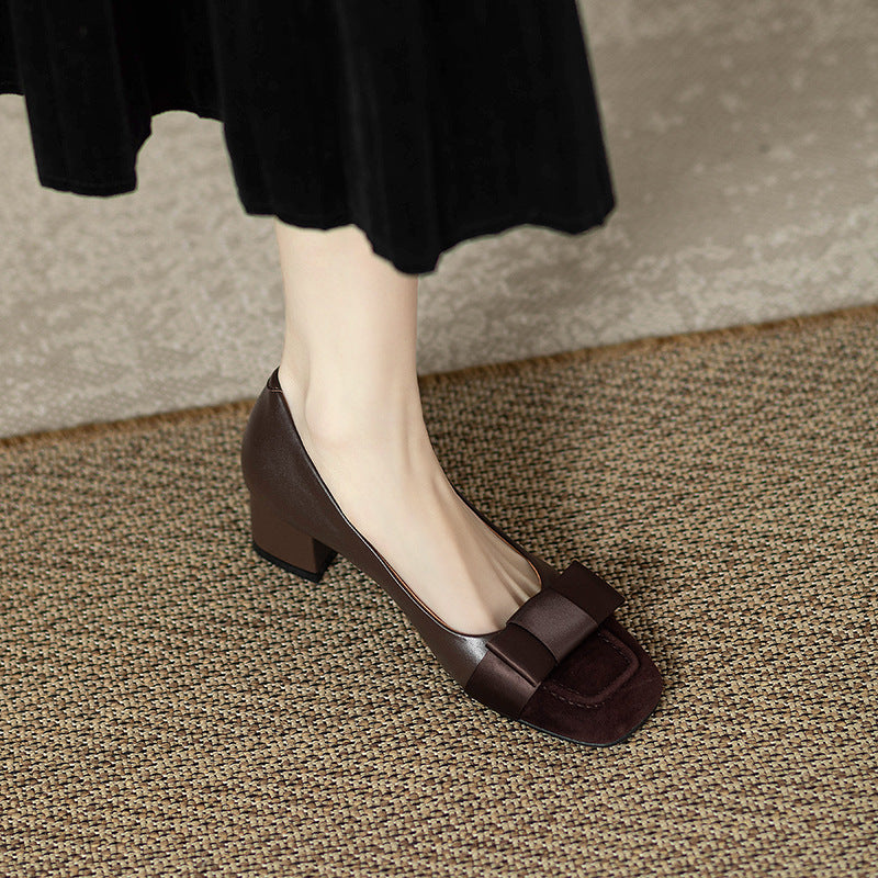 French style color-blocking high heels for women2024Spring and Autumn New Style Chunky Heel Bow Retro Mid-Heel Single Shoes