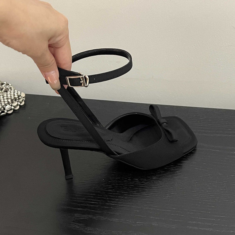 Ankle Strap silver Satin Bow High Heel Sandals Thin Heel Open Toe Women's Sandals Elegant