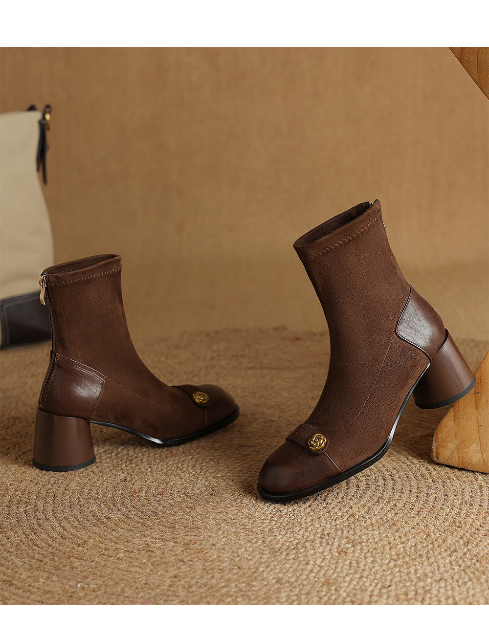 Patchwork Suede Camellia High Heel Chunky Heel Short Boots for Women Stretch Slim Boots Plus Size