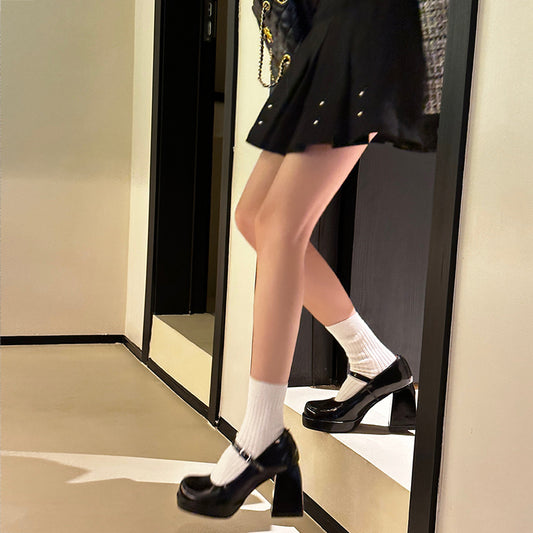 Black thick high heels2023New Style One-Strap Mary Jane Shoes Shallow Mouth Single Shoes for Women Round Toe