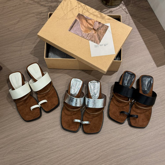 Rubber PU Medium Heel Flat Toe Slippers