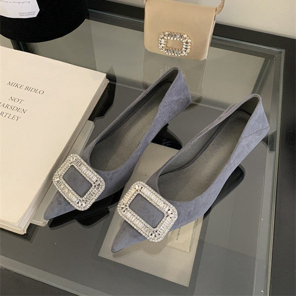 French pointed toe high heels stiletto single shoes for women2025Spring and Autumn New Style Cat Heel Elegant Rhinestone Black Work Shoes