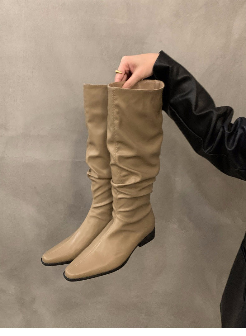 Chunky Heel Ruched Slouchy Long Tube Riding Boots for Women2024New Spring and Autumn Western Slim Mid-Calf Long Boots