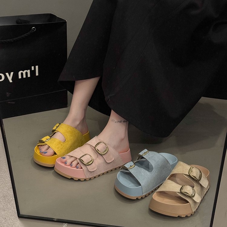 Solid Color Rubber Mid Heel(3-5cm)Platform Sole Suede Slippers