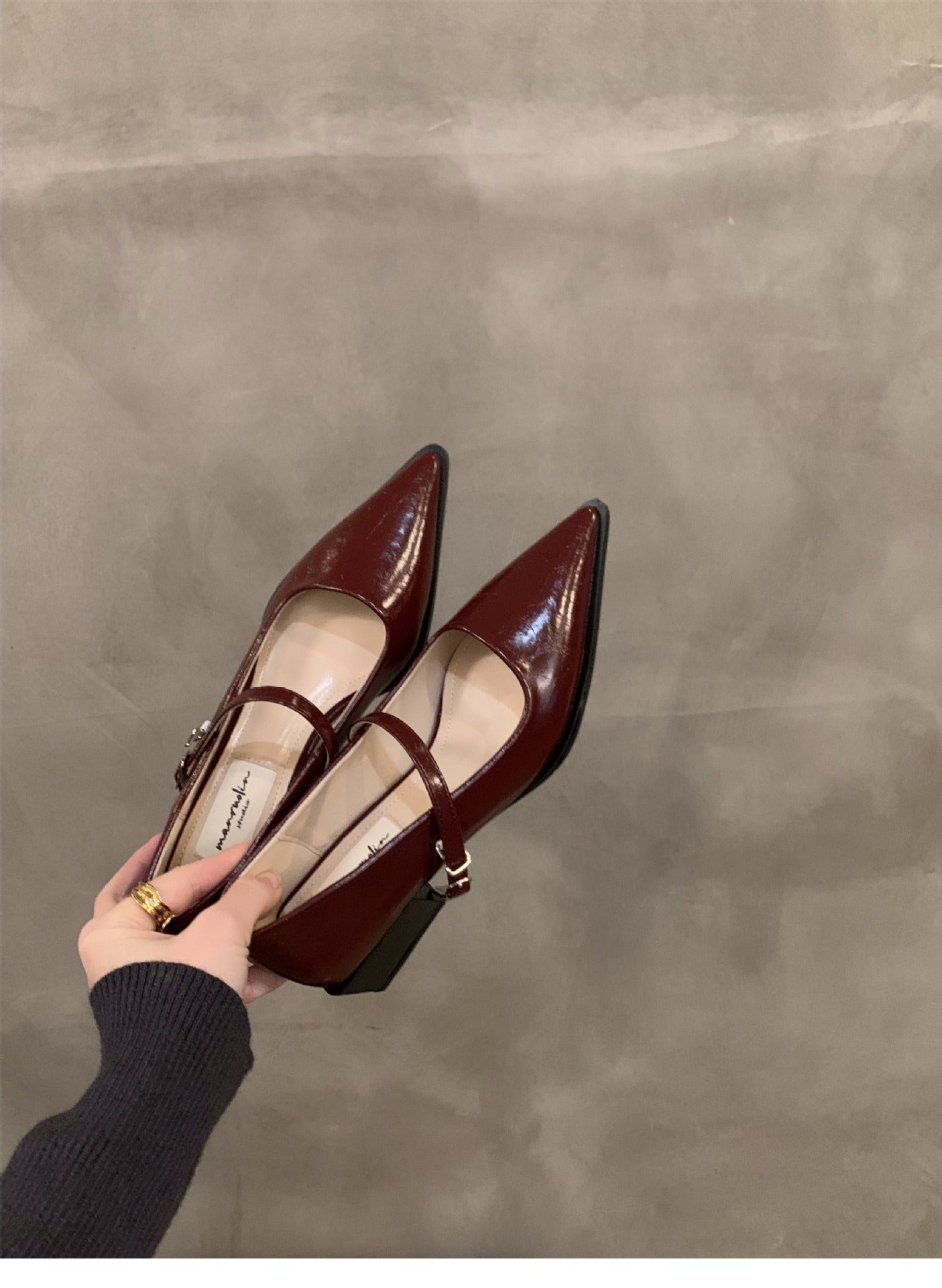French style mid-high heel black pointed toe women's shoes2024New Spring Autumn Winter Mary Jane Evening Shoes