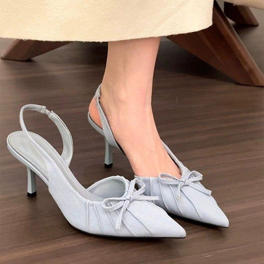 French Gentle•White Pleated Bow High Heels for Women Spring Backless Shallow Mouth