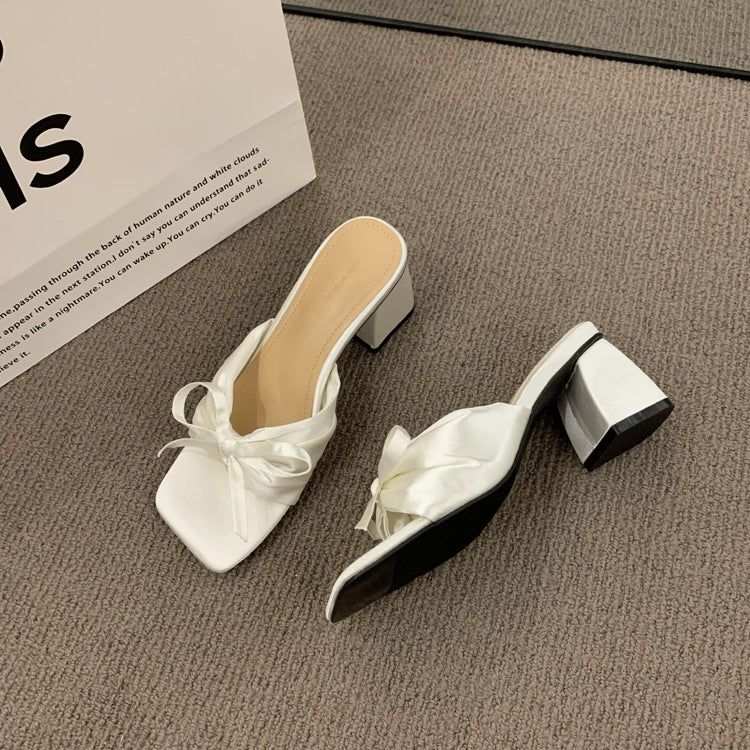 French-style High-end Satin Bow Thick Heel Sandals for Women2023New summer open-toe high heels