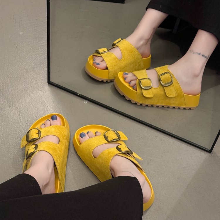 Solid Color Rubber Mid Heel(3-5cm)Platform Sole Suede Slippers