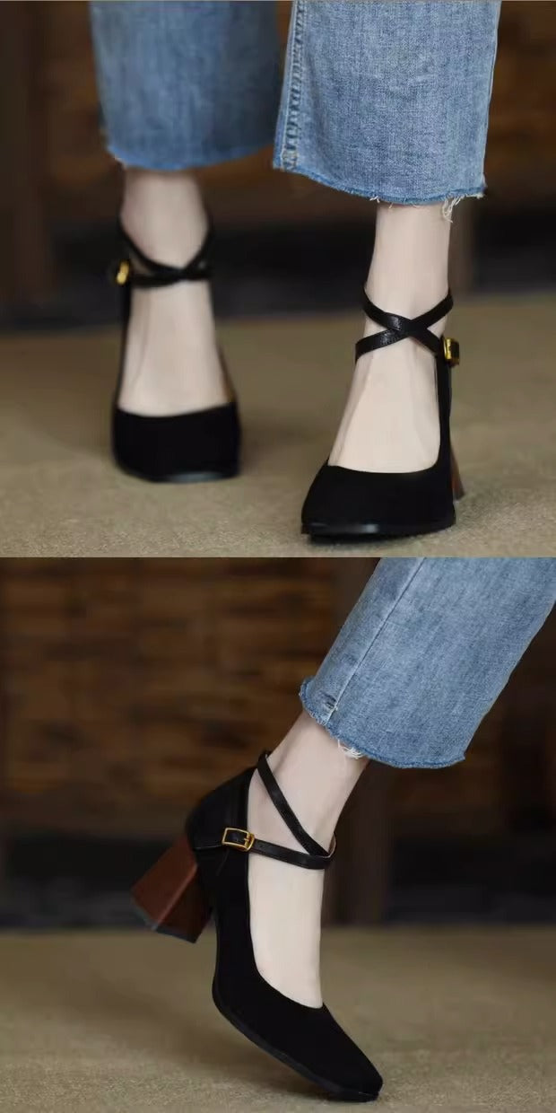 Women's retro square toe high heels2023Autumn and Winter New Suede Leather Patchwork Chunky Heel Cross Buckle Mary Jane Shoes