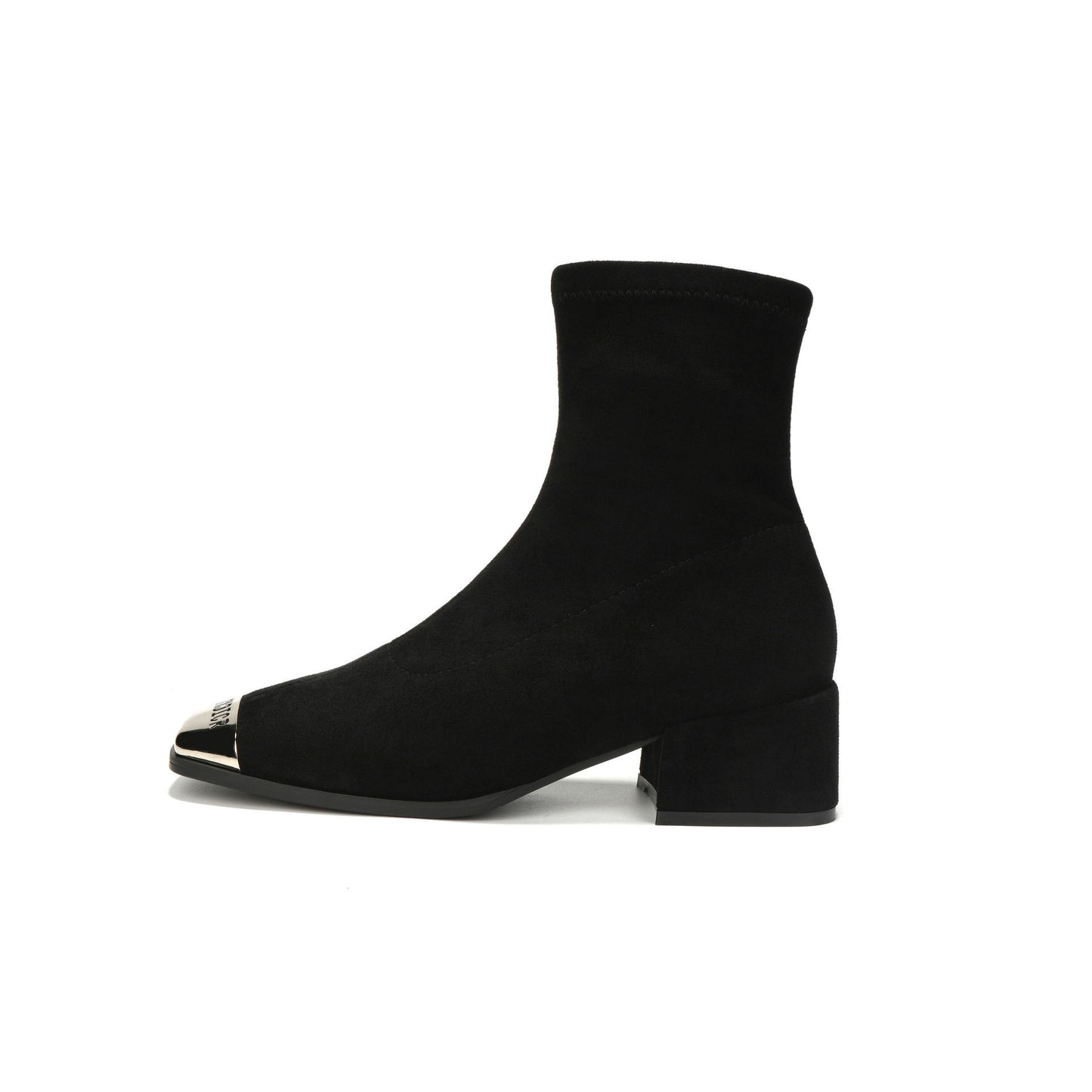 Women's Suede Ankle Boots2024Autumn New Fashionable Chunky Heel Metal Square Toe Mid-Heel Stretch Slim Sock Boots
