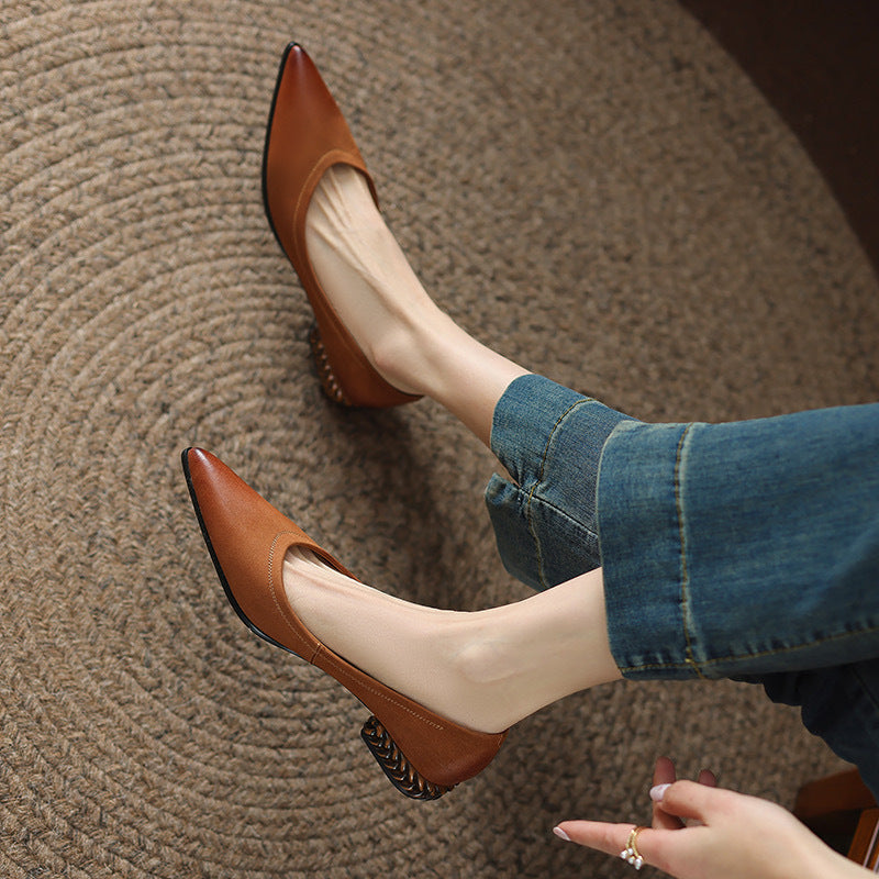 French Retro Color-Washed Pointed Toe Shallow Mouth Women's Shoes2023Spring new style comfortable soft leather thick heel low heel shoes
