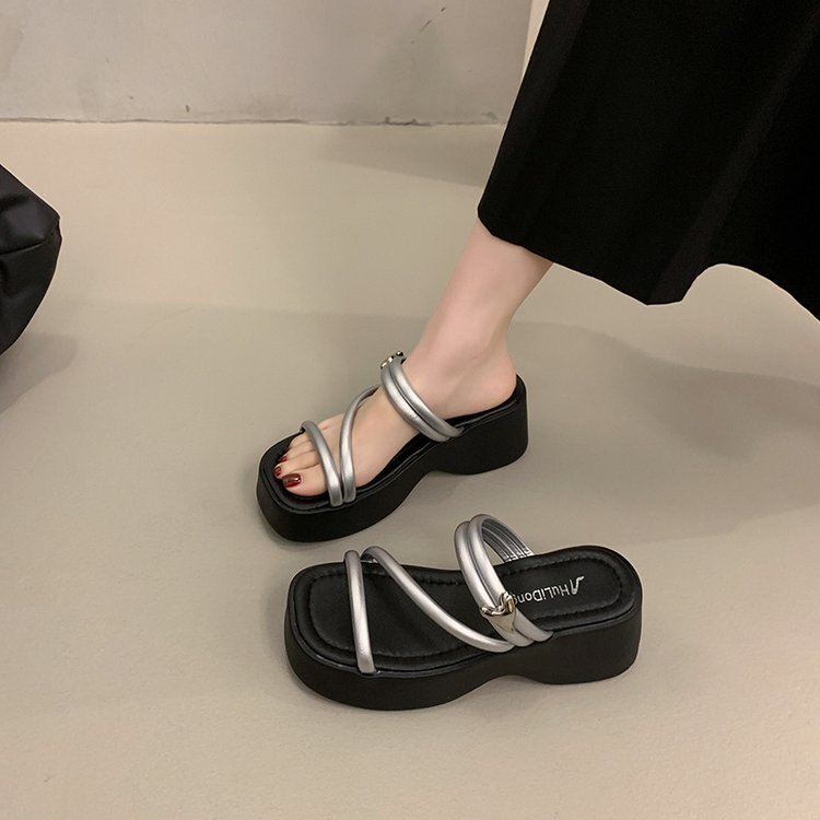 Solid Color Platform Sole Slippers PU Rubber mid-heel(3-5cm)