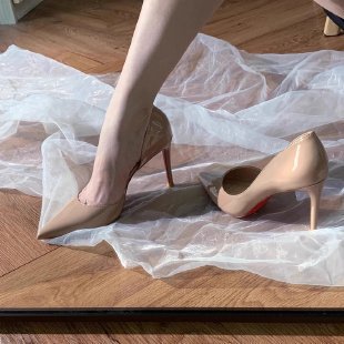 Nude High Heels Women2024Autumn New Red Sole Side Hollow Pointed Toe Sexy Versatile Professional Stiletto Heels
