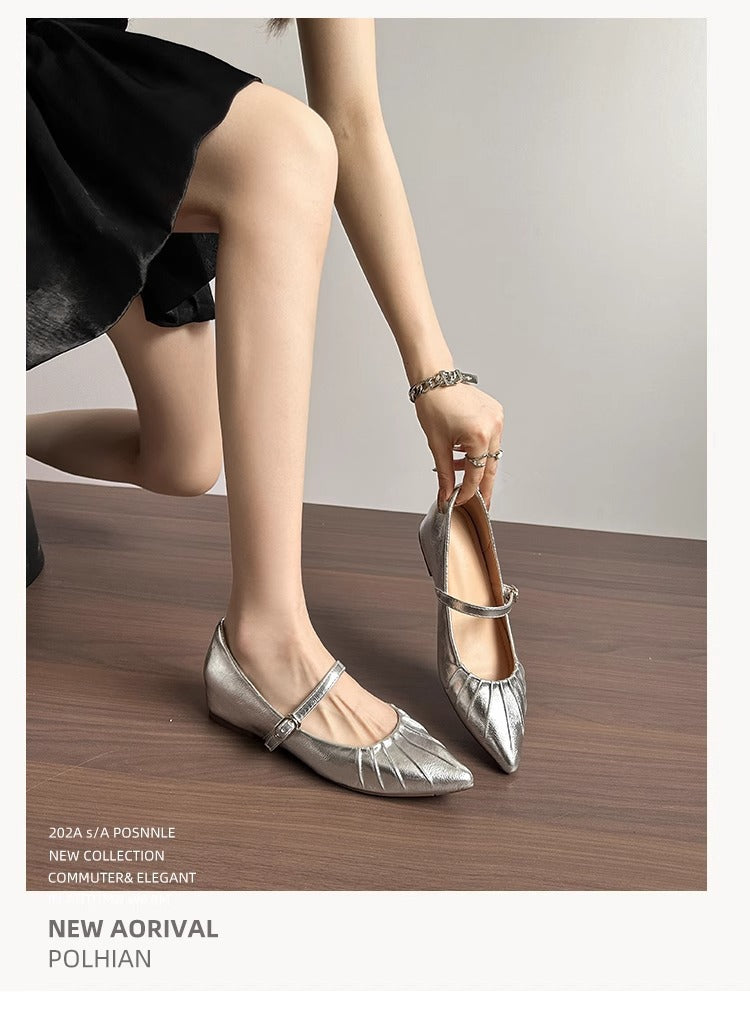 Height Increasing Insole Women's Shoes2024Summer New Retro One-Strap Mary Jane Pleated Pointed Toe Shoes