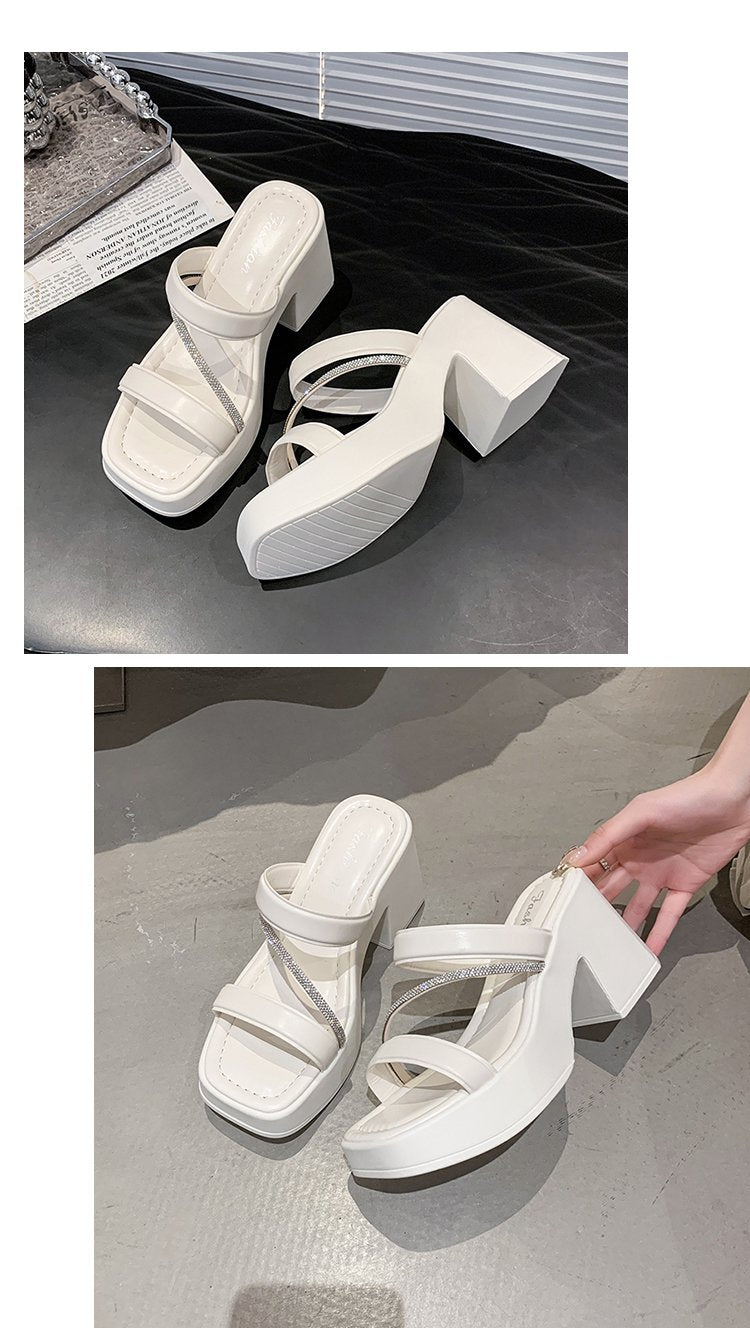 Solid Color Rubber Chunky Heel PU High Heel Slippers