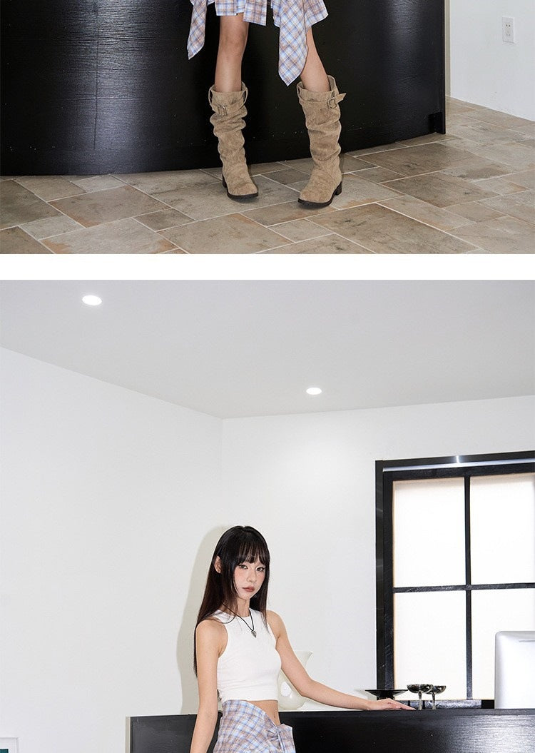 Long Boots for Women Retro Western Cowboy Boots Two-Way Short Boots Chunky Heel Riding Boots Ruched Slouch Boots