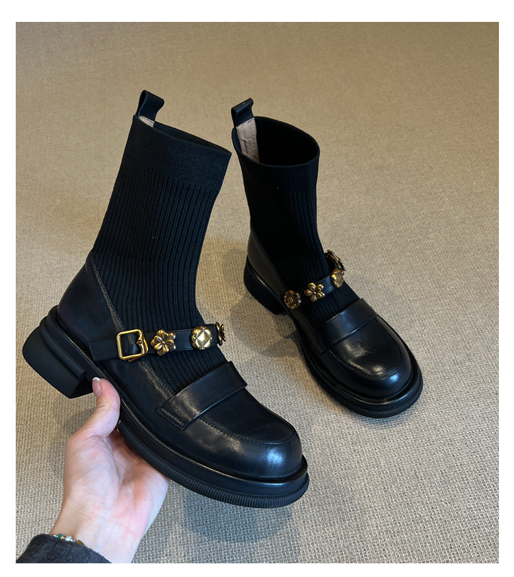 Thick-Soled Metal Buckle Elastic Short Boots Retro College Style Knitted Slim Boots Women Versatile Loafers Sock Boots