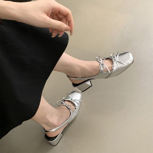 Closed-Toe Sandals for Women Summer New French Style Beautiful Fairy Style Evening Chunky Heel silver Single Shoes Elegant High Heels