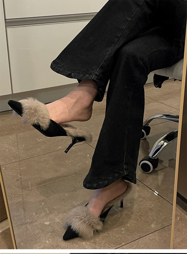 Autumn and Winter2024New Pointed Toe Furry Warm Thin Heel High Heel Mules Women Closed Toe Mules Slippers