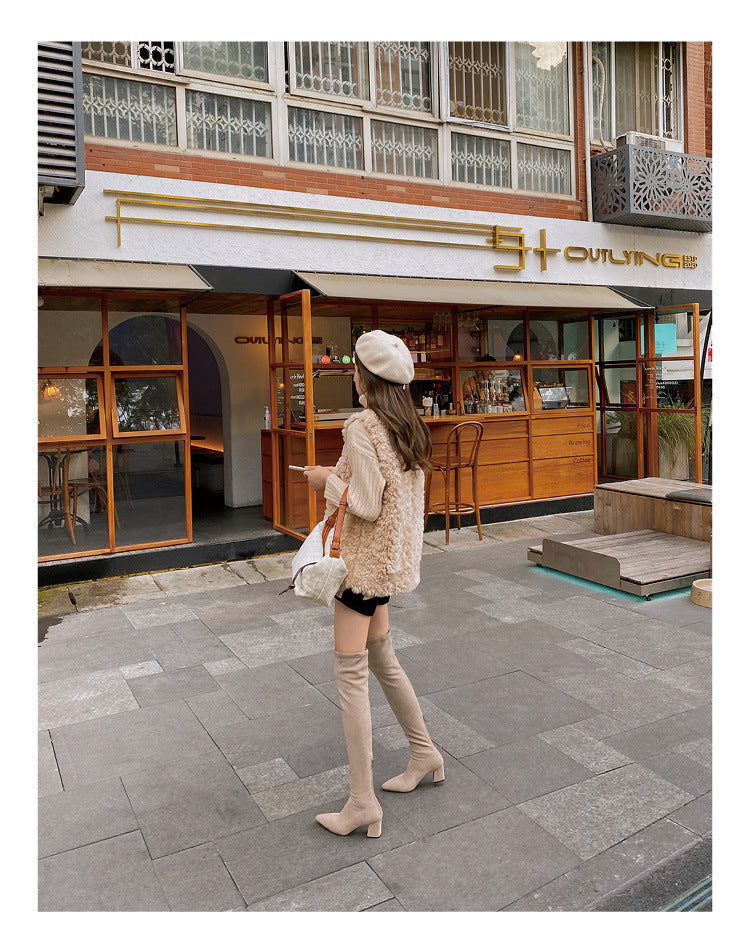 Long Boots for Women, Stretch Long Boots, Pointed Toe High Heel Boots, Over-the-Knee Boots, Suede High Boots, Khaki Color