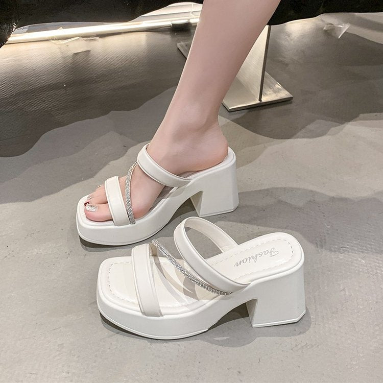 Solid Color Rubber Chunky Heel PU High Heel Slippers