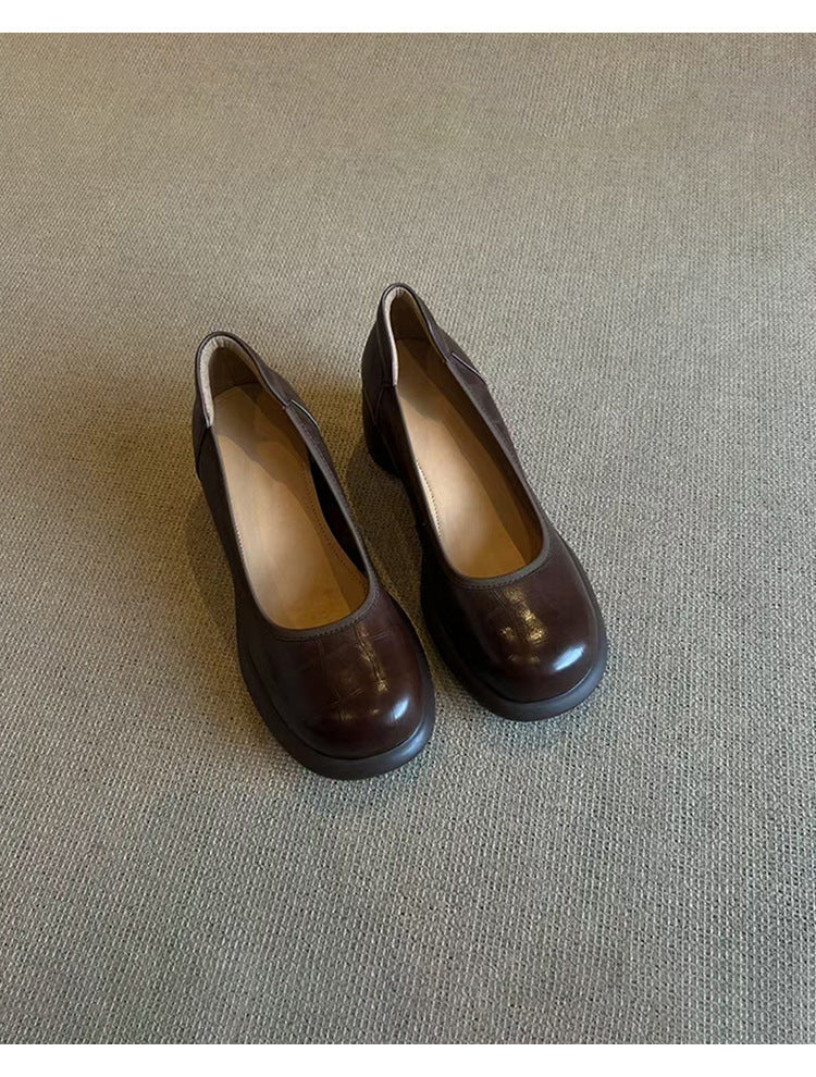 Vintage Shallow Mouth Single Shoes for Women, Round Toe, Chunky Heel, Slip-On Mary Jane Shoes, British Style Small Leather Shoes