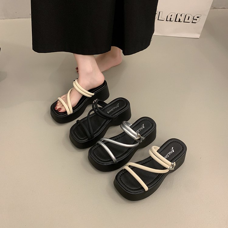 Solid Color Platform Sole Slippers PU Rubber mid-heel(3-5cm)