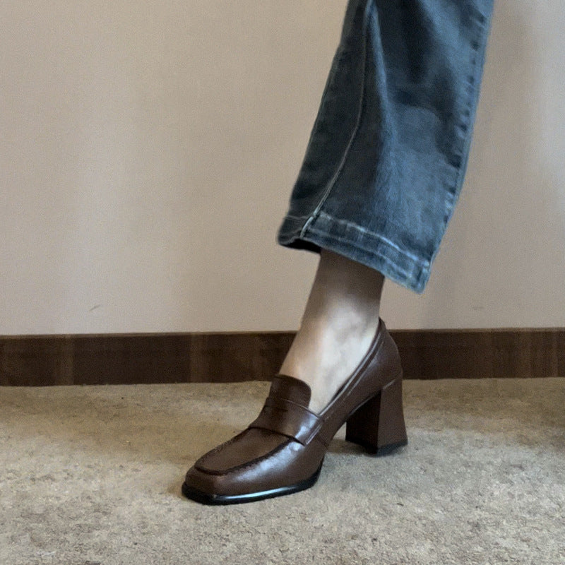 Women's Autumn Chunky High Heels2023New Black British Style Loafers Elegant Square Toe Single Shoes