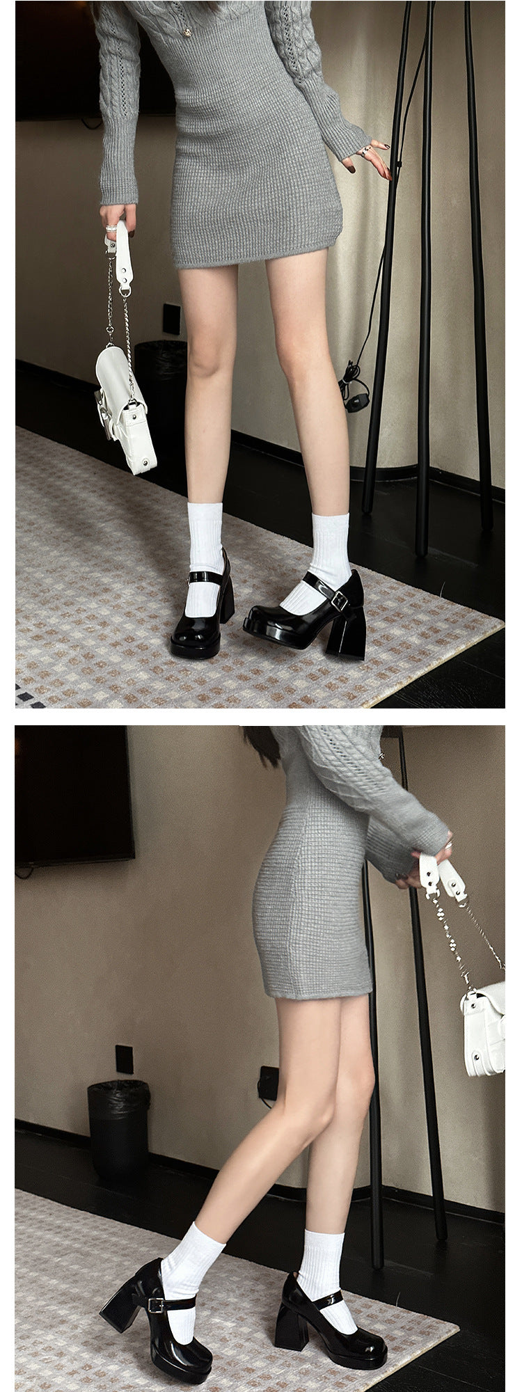 Black thick high heels2023New Style One-Strap Mary Jane Shoes Shallow Mouth Single Shoes for Women Round Toe
