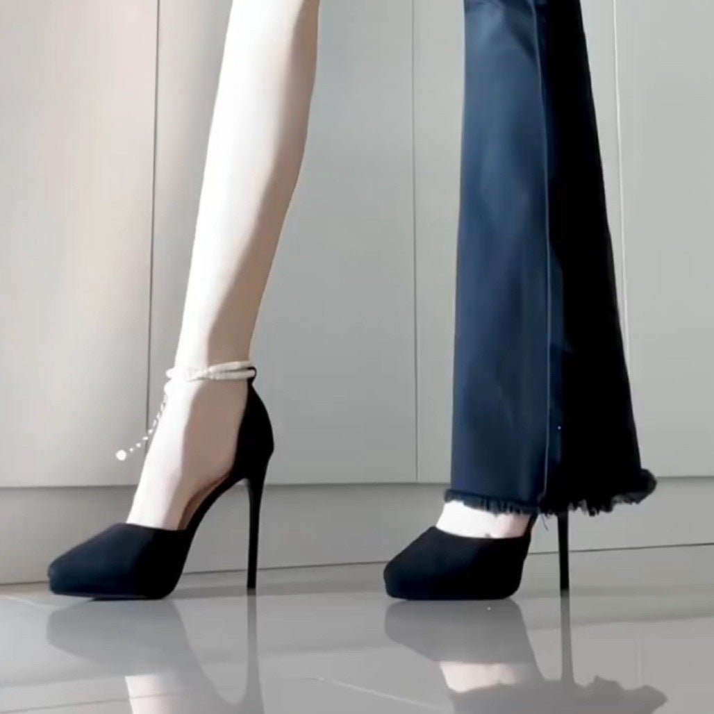 New Waterproof Platform High Heels for Women, Thin Heel, Comfortable, Sexy Student Black Suede Hollow Pointed Toe Single Shoes for Women