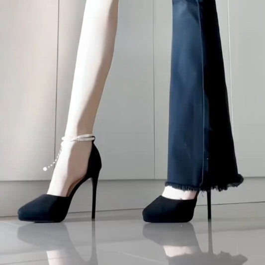 New Waterproof Platform High Heels for Women, Thin Heel, Comfortable, Sexy Student Black Suede Hollow Pointed Toe Single Shoes for Women