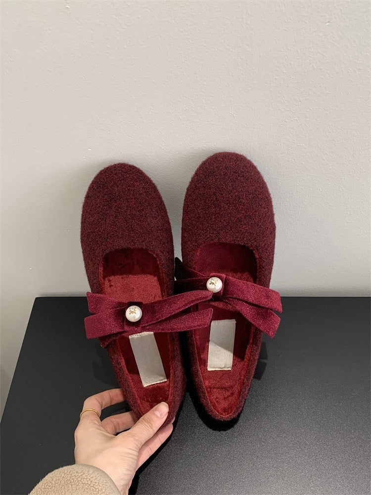 French Style Little Chanel Mary Jane Shoes2024Fleece-lined Warm Round Toe Shallow Mouth Shoes with Bowknot and Pearls for Evening Wear