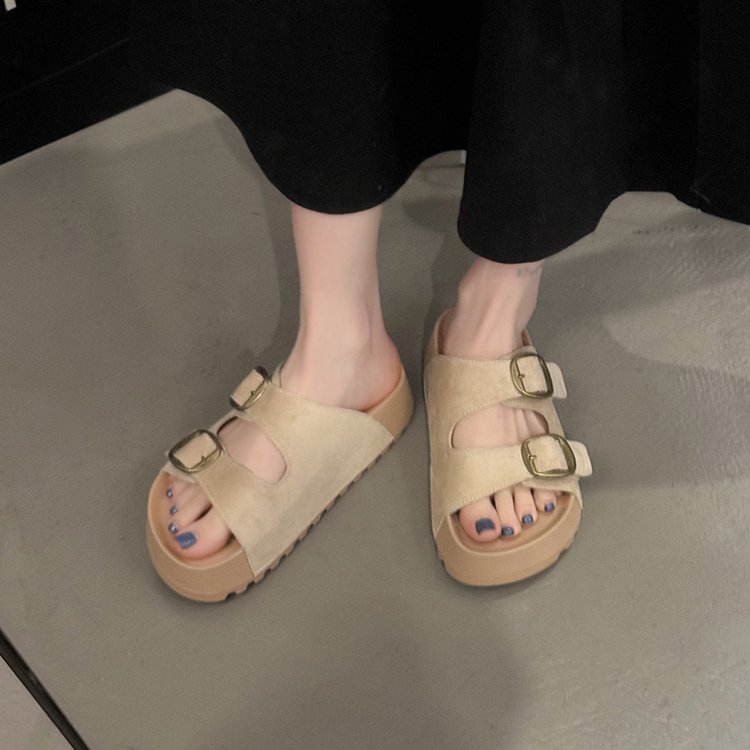 Solid Color Rubber Mid Heel(3-5cm)Platform Sole Suede Slippers