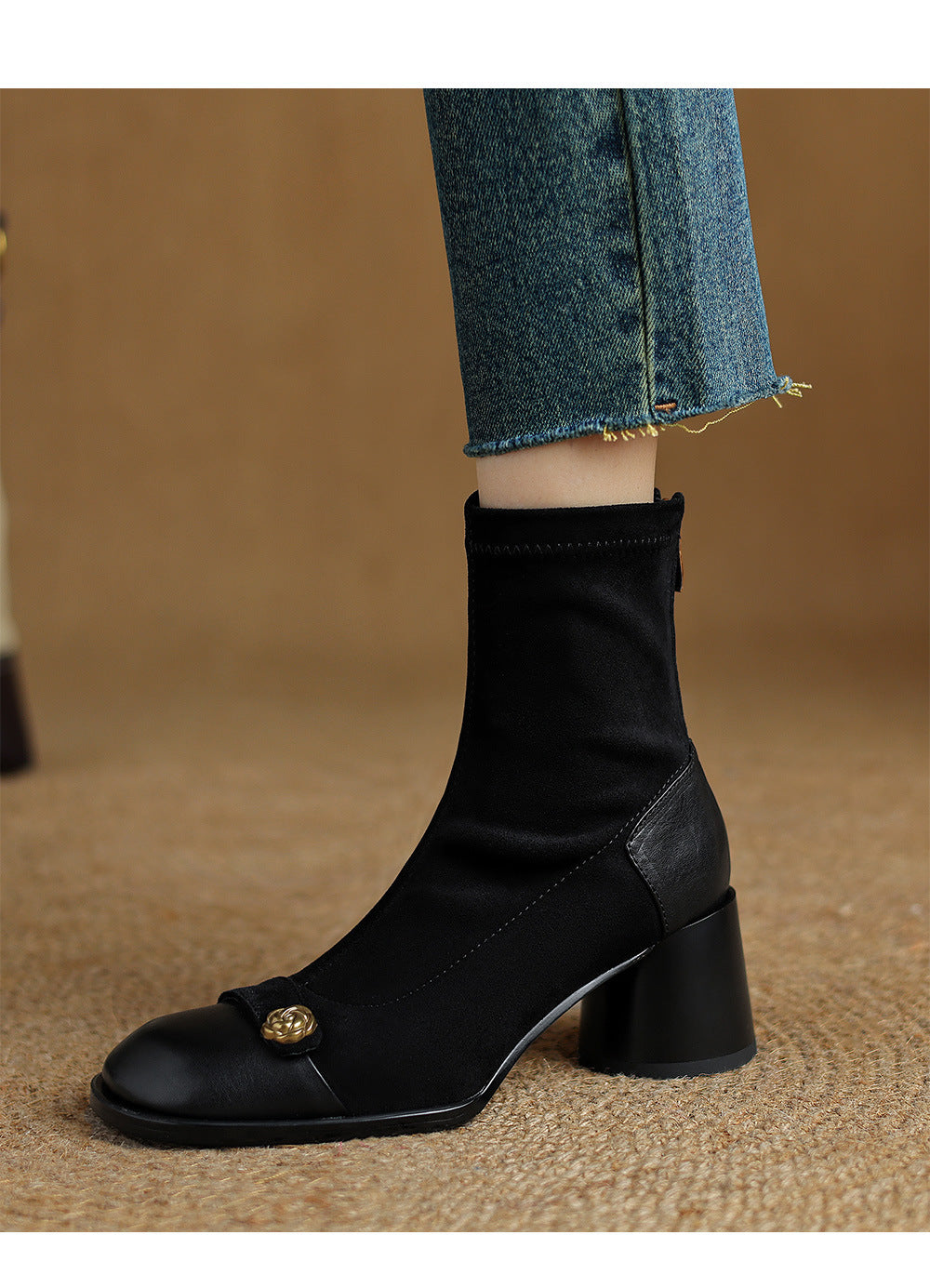Patchwork Suede Camellia High Heel Chunky Heel Short Boots for Women Stretch Slim Boots Plus Size