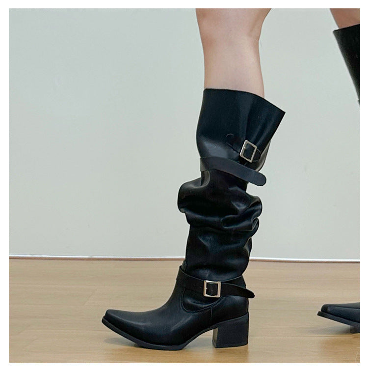 Korean Style Large Tube Pile Boots for Women with Chunky Heels, Over-the-Knee Boots2024Autumn Belt Buckle Western Boots Fashion Long Boots