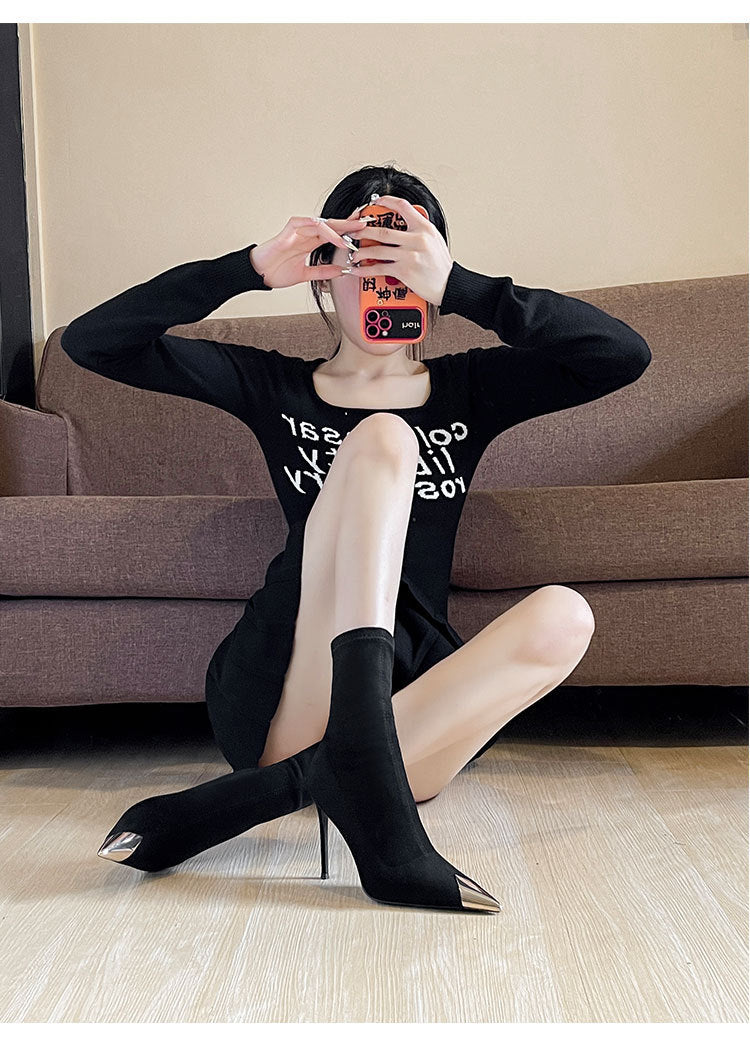 Black pointed toe stiletto high heel ankle boots for women2024New Autumn and Winter Elastic Slim Boots Mid-Calf Sock Boots Single Boots