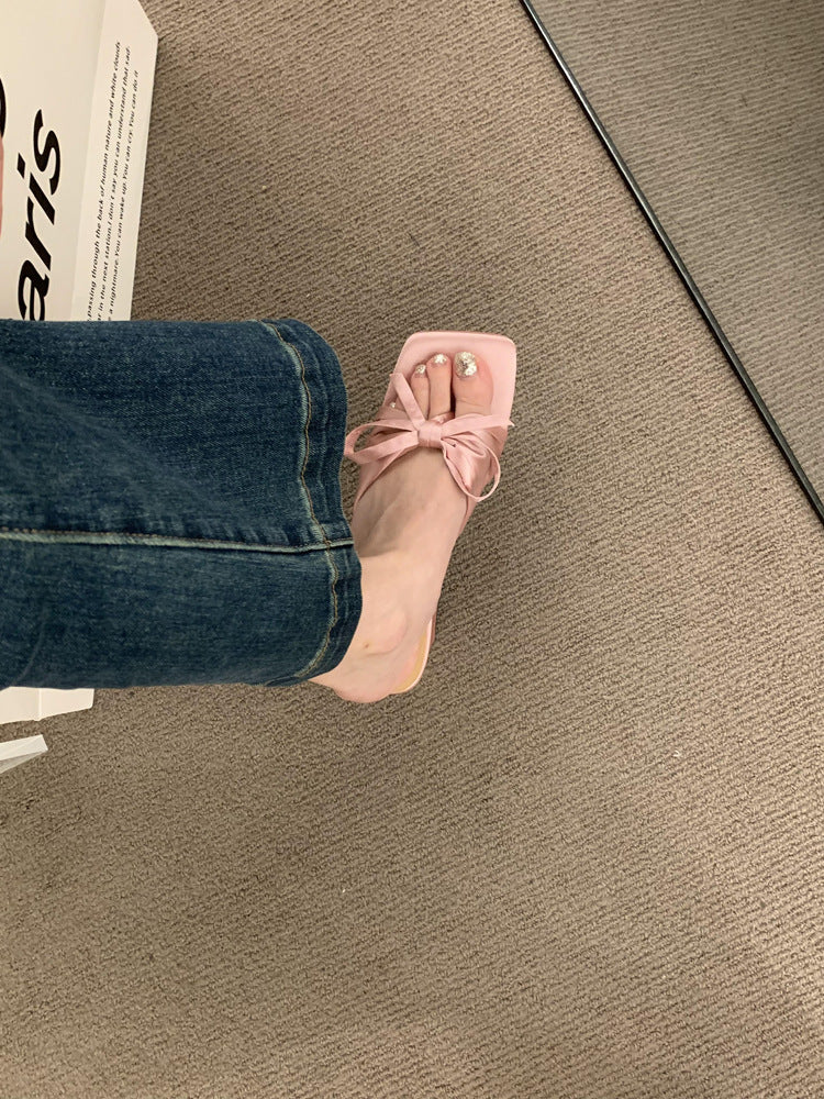 French-style High-end Satin Bow Thick Heel Sandals for Women2023New summer open-toe high heels