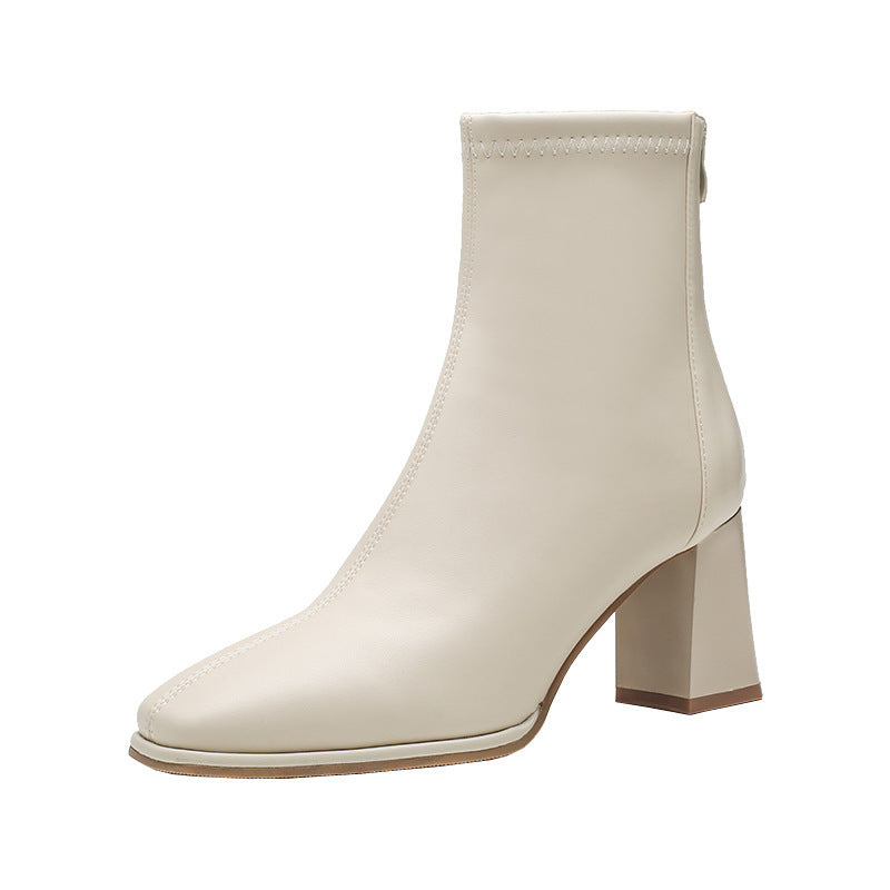 Women's White Martin Boots2024New Spring and Autumn Thick Heel Short Boots British Style Women's Slim Winter Fleece Boots
