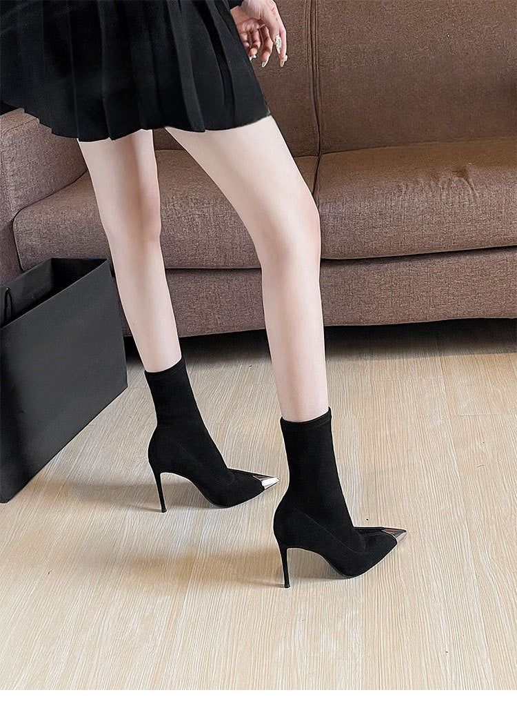 Black pointed toe stiletto high heel ankle boots for women2024New Autumn and Winter Elastic Slim Boots Mid-Calf Sock Boots Single Boots