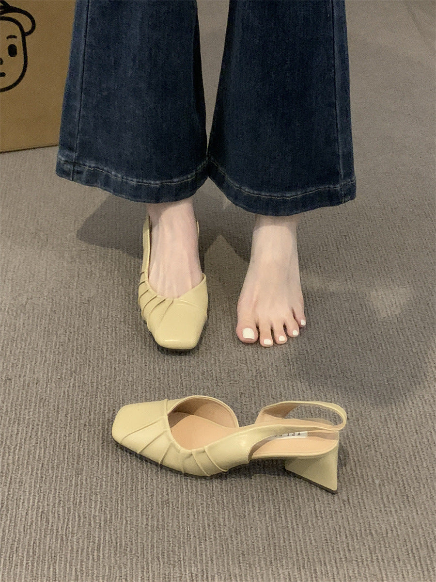 2024Spring Summer New High Heel Closed Toe Backless Sandals Women's Shoes Chunky Heel Shallow Mouth French Gentle Style Single Shoes Women's Shoes