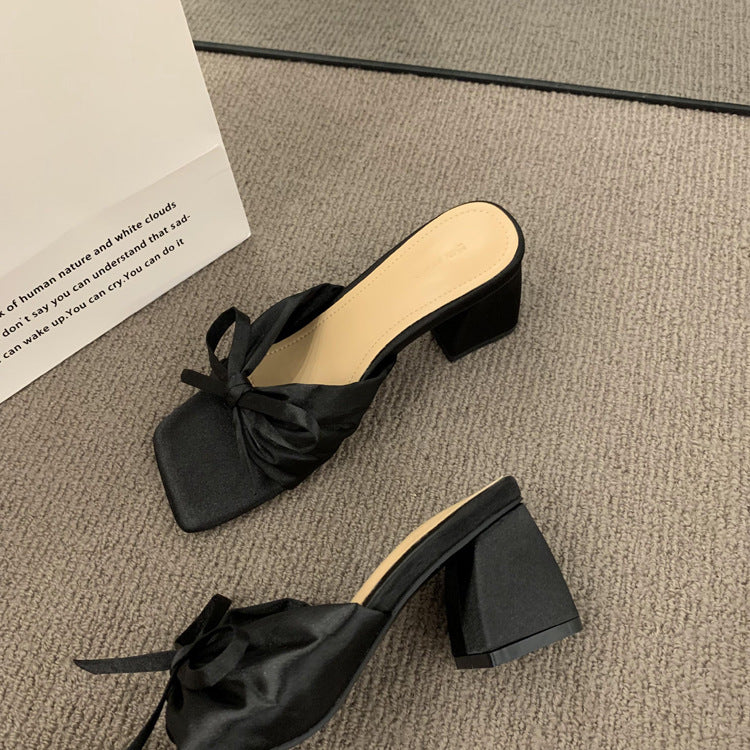 French-style High-end Satin Bow Thick Heel Sandals for Women2023New summer open-toe high heels