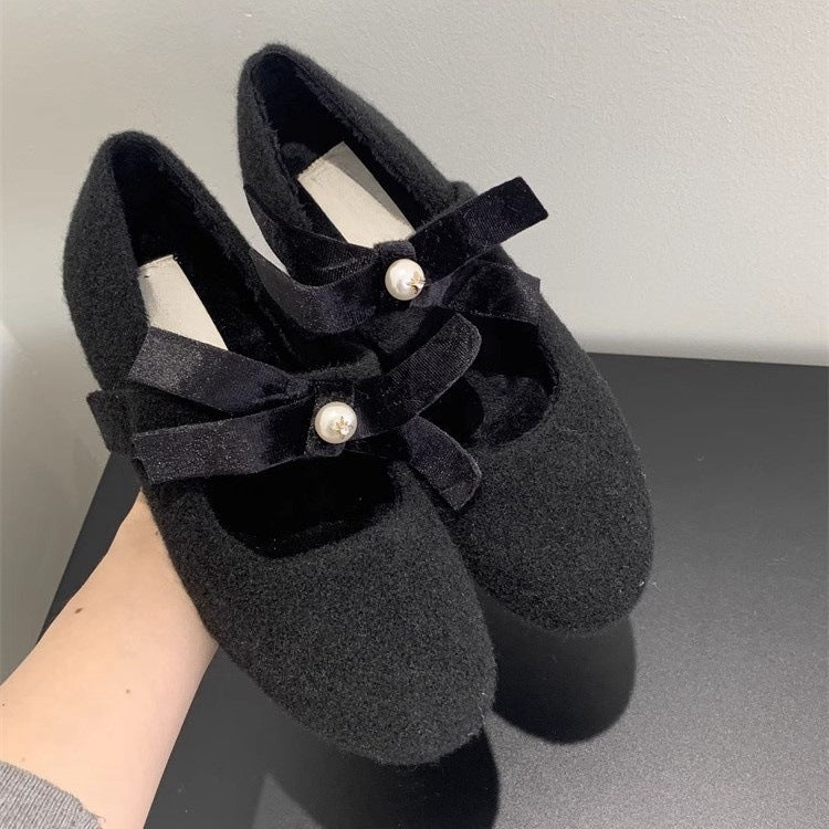 French Style Little Chanel Mary Jane Shoes2024Fleece-lined Warm Round Toe Shallow Mouth Shoes with Bowknot and Pearls for Evening Wear